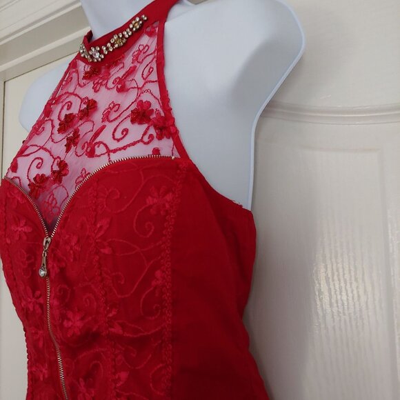 Lydia Red Crystal Beaded Lacy  Halter Top Large - Picture 7 of 10